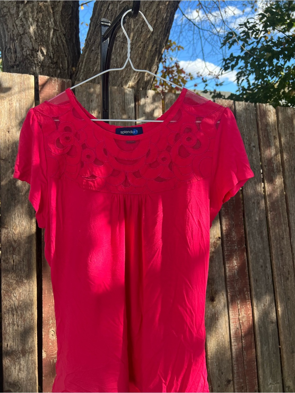 Splendid Hot Pink Short-Sleeve Crochet Yoke Top